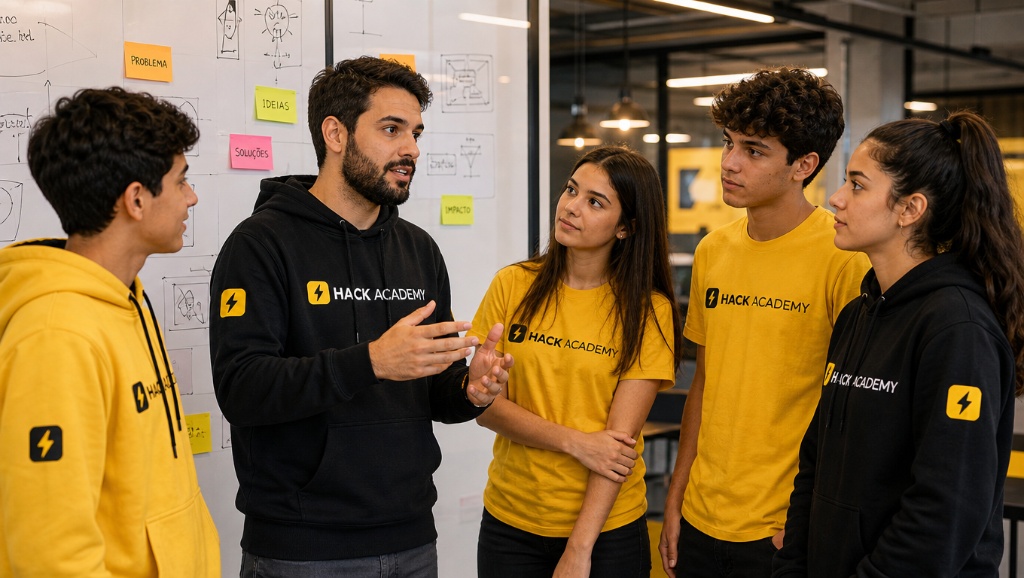 Mentor da HACK ACADEMY conversando com estudantes em frente a um mural de ideias