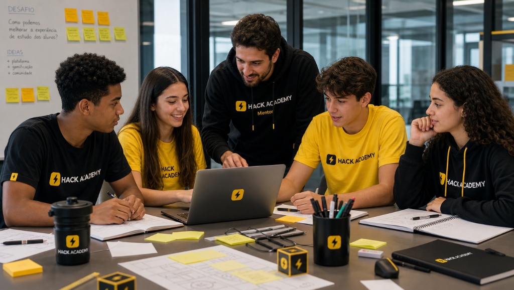 Estudantes da HACK ACADEMY colaborando em um desafio em equipe