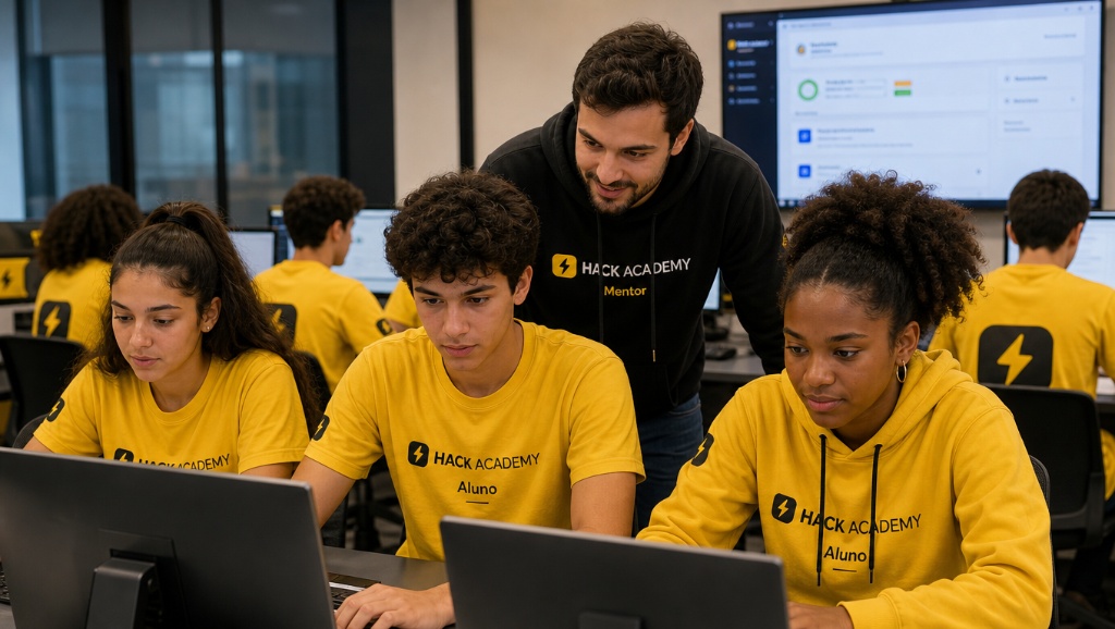 Estudantes da HACK ACADEMY em laboratório de computadores com mentor apoiando