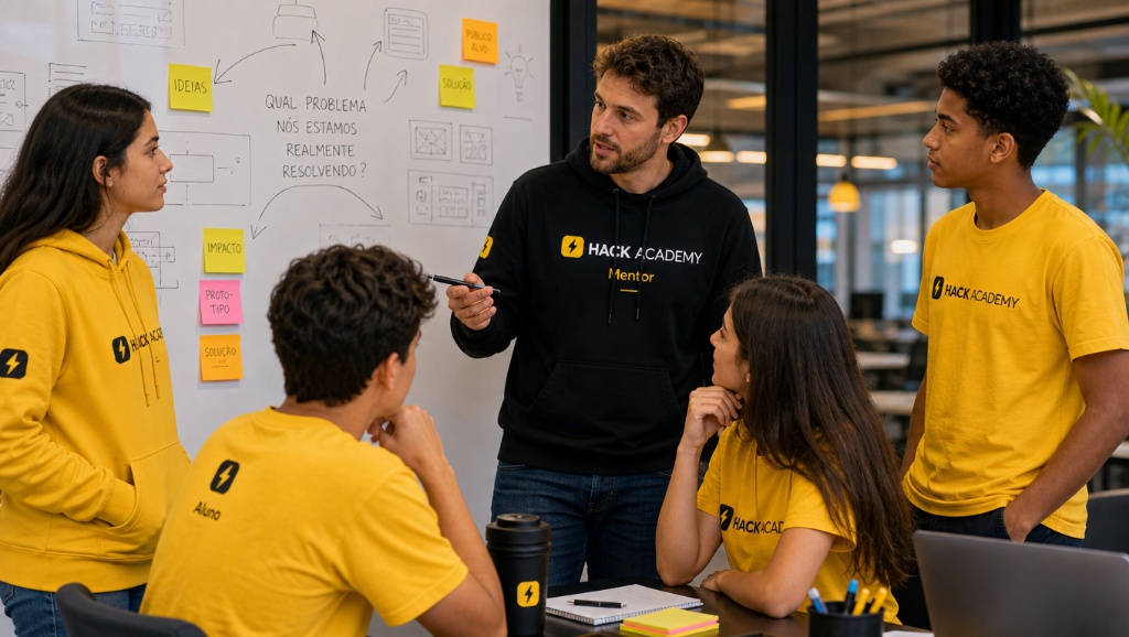 Mentor da HACK ACADEMY orientando estudantes em frente a um mural com metodologia de resolução de problemas