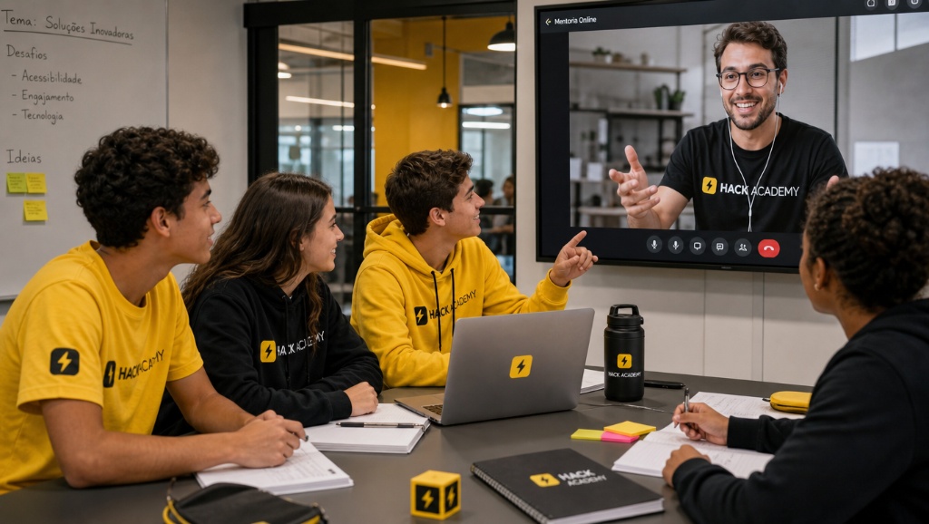 Estudantes da HACK ACADEMY em mentoria online discutindo soluções inovadoras com mentor
