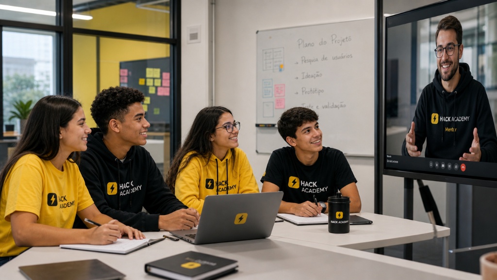 Mentor da HACK ACADEMY em mentoria online com estudantes discutindo soluções