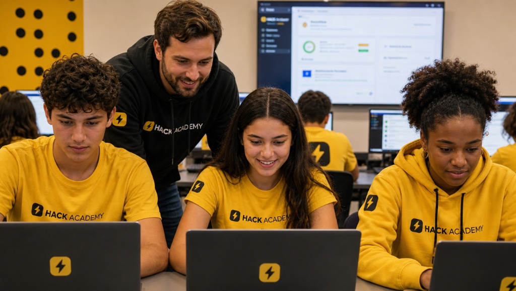 Estudantes e mentor da HACK SCHOOL em sala de aula com notebooks